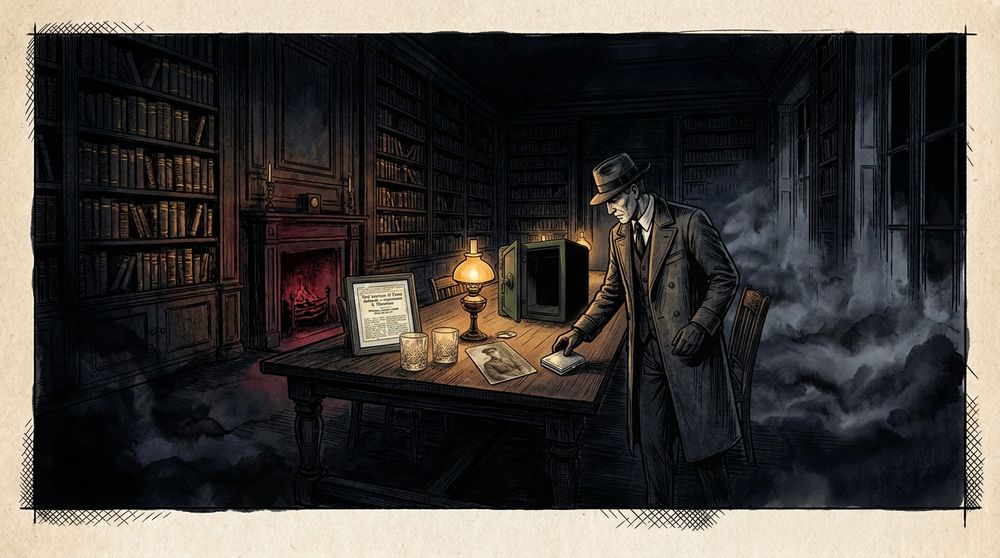 Detective examining evidence in a dimly lit library