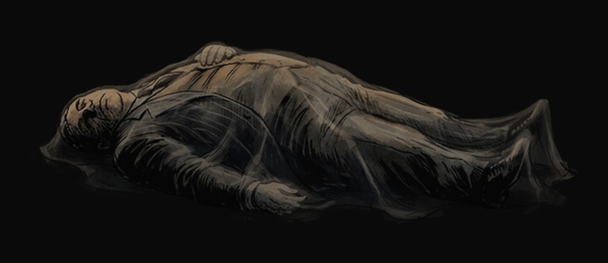 Lord Whitmore's body, translucent and ghostly