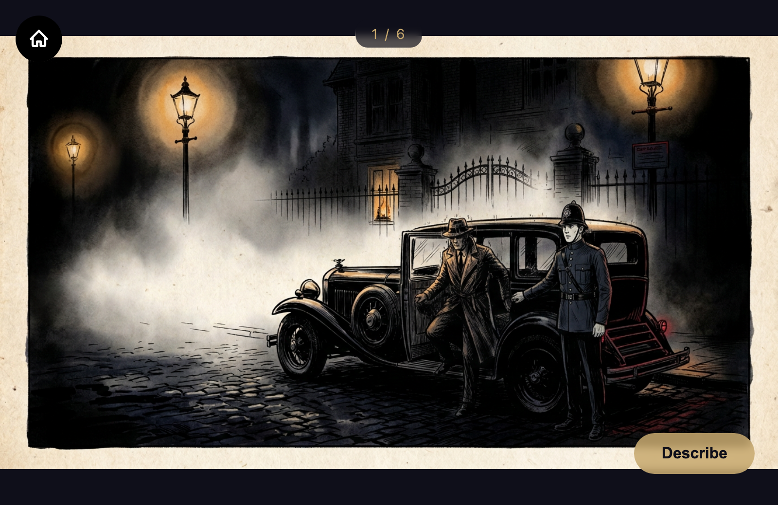 A comic panel showing a dark scene with a vintage car