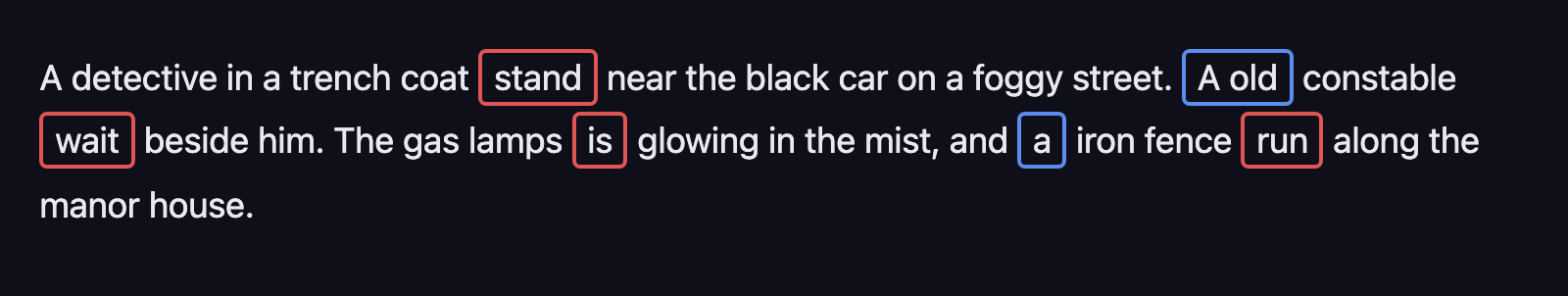 Text with highlighted grammar errors in different colors